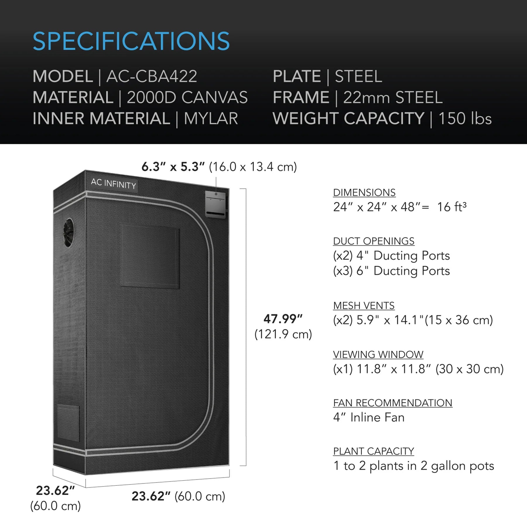 Cloudlab 422 Advance Grow Tent - 60 x 60 x 122 cm (AC-CBA422)