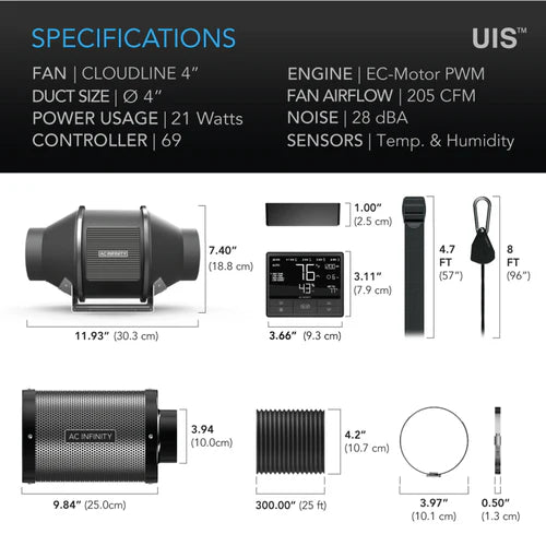 EC Fan AC Infinity - Complete Air Filtration Kit Pro | Inline Fan, WIFI 69 Pro Smart Controller, Carbon Filter & Ducting