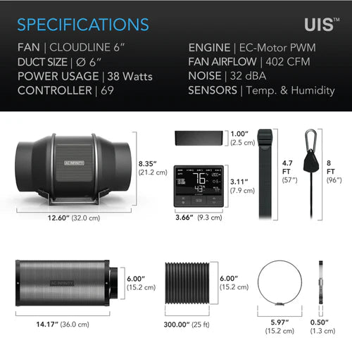 EC Fan AC Infinity - Complete Air Filtration Kit Pro | Inline Fan, WIFI 69 Pro Smart Controller, Carbon Filter & Ducting