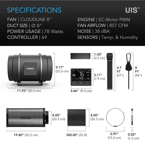 EC Fan AC Infinity - Complete Air Filtration Kit Pro | Inline Fan, WIFI 69 Pro Smart Controller, Carbon Filter & Ducting