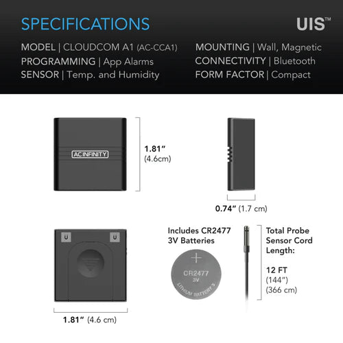 Fan Controller AC Infinity Cloudcom A1 Mini Smart Thermo-Hygrometer + 12ft External Sensor (AC-CCA1)