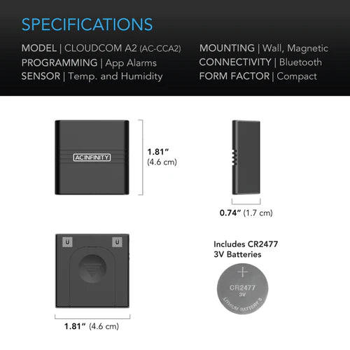 Fan Controller AC Infinity Cloudcom A2 Mini Smart Thermo-Hygrometer; Integrated Sensor