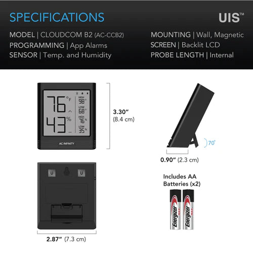 Fan Controller AC Infinity Cloudcom B2 Smart Thermo-Hygrometer; Integrated Sensor Probe